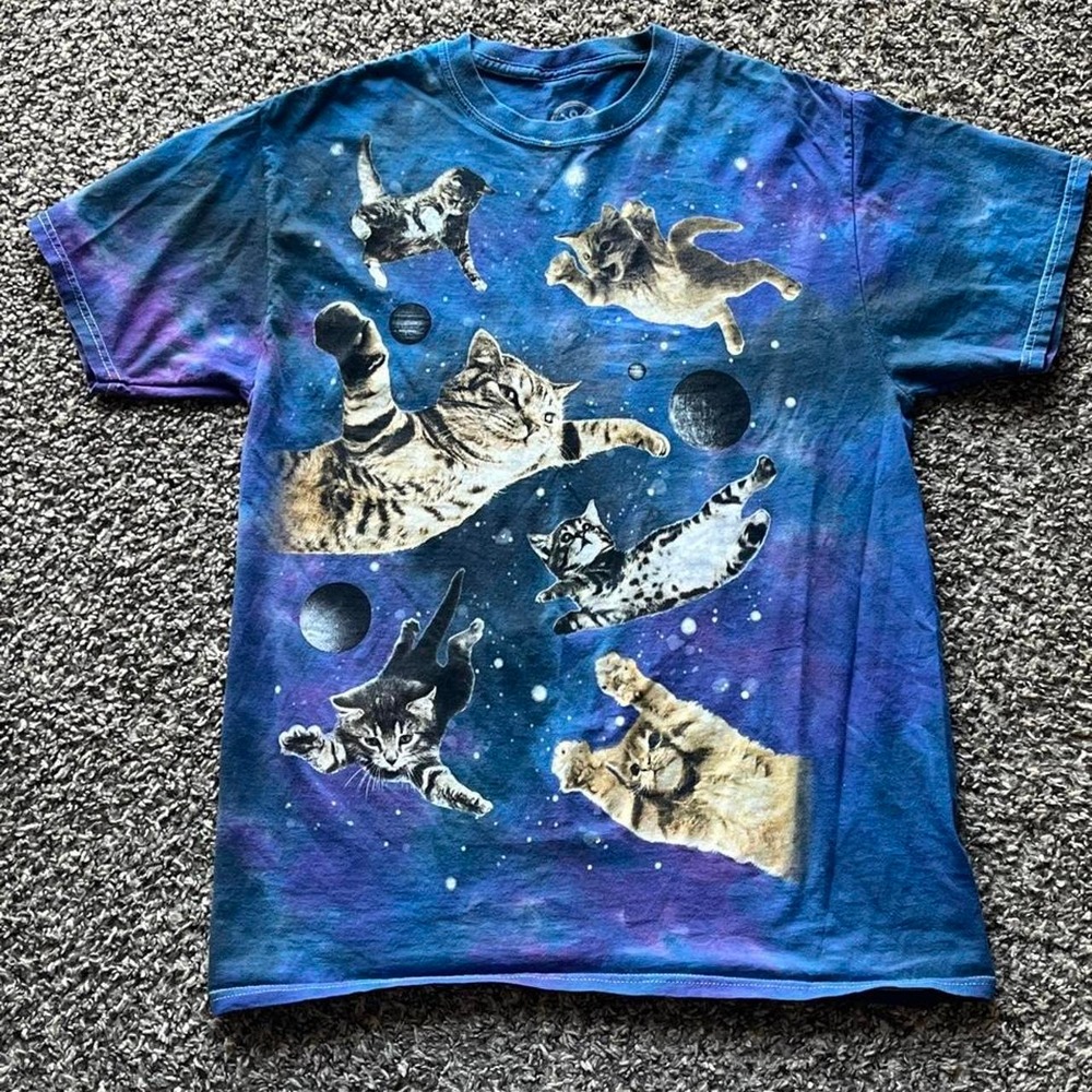 DOM Space Cats Galaxy Tie Dye T-Shirt Blue Cotton Graphic Tee Women's Medium